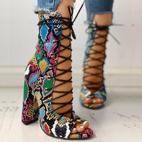 Женские женские летние туфли шнурки с многоцветной кожей змеи высокой каблуки сандалии сандалий 2021 Schoenen vrouw