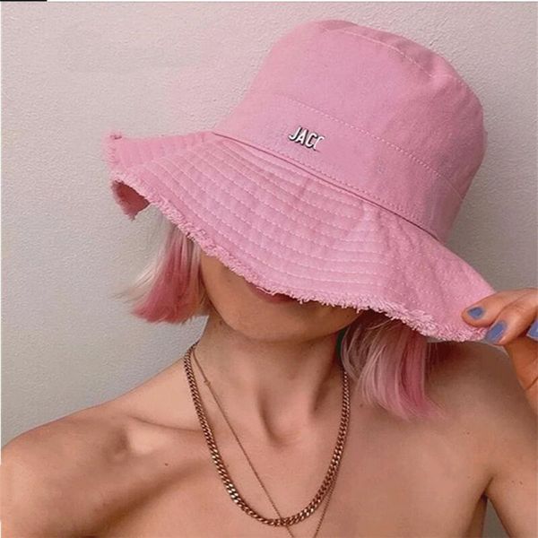 

jacq -summer women's bucket hats raw edges canvas drawstring women sun hat, Blue;gray