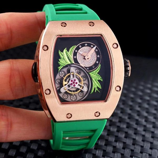 

wristwatches men automatic mechanical skeleton rose gold green fleur rubber stainless steel watch tourbillion flower, Slivery;brown
