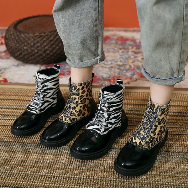 

boots autumn women's style ankle bootsfashion motorcycle bootsleopard print lace-up shoes outdoor sports, Black