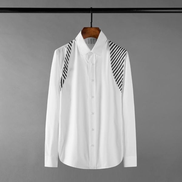 

cotton man shirts luxury metal buckles and stripes long sleeve casual mens dress slim fit party male men's, White;black