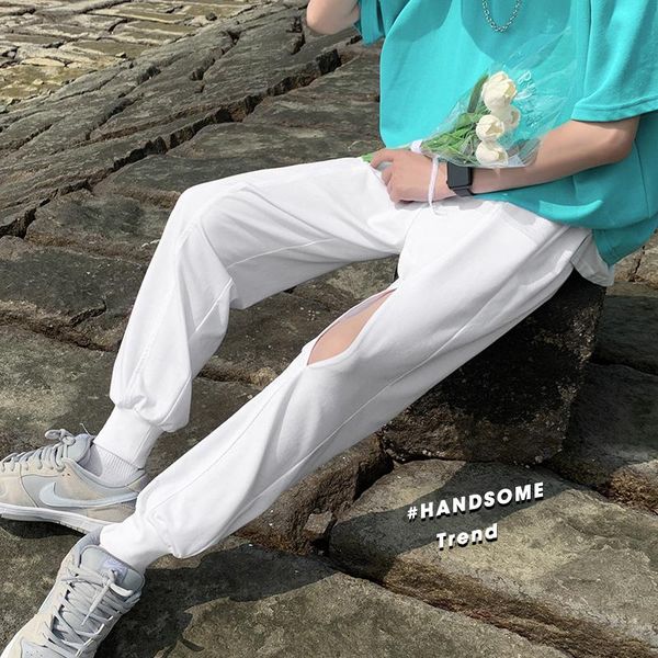 

men's pants summer thin casual fashion black white ripped straight-leg men streetwear loose breathable ice silk mens