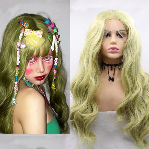 

synthetic wigs curly lace front body wave dark neon lime mint green wig lolita cosplay frontal highlight hair for black women