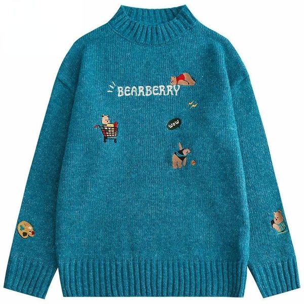 

men's sweaters men knitted sweater hip hop streetwear cartoon embroidery bear pullover harajuku cotton casual autumn unisex, White;black