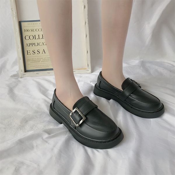 

autumn oxfords women shoes female pu leather fashion retro shoes woman slip on platform metal buckle plus size casual shoes a3t6, Black