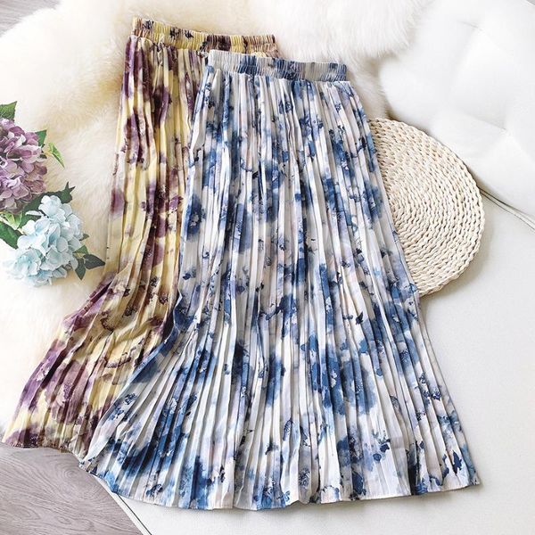 

elegant retro tie-dye printed chiffon skirt 2021 spring woman high waist loose ink painting drape supple pleated skirts, Black