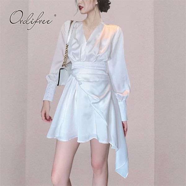 

spring summer women satin dress long sleeve asymmetrical short party streetwear 210513, Black;gray