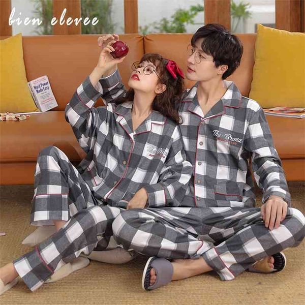 

couple pajamas set plaid sleepwear autumn winter cotton pyjamas suit women & men long sleeve pijama lovers night wear button 210330, Black;red