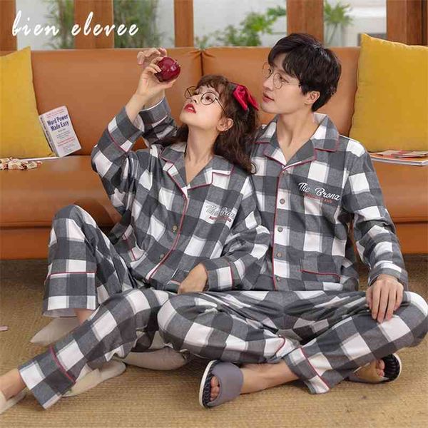 Casal pijamas definido xadrez sleepwear outono inverno algodão pijama terno homens homens manga comprida pijama amantes noite desgaste botão 210330