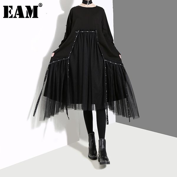 [EAM] Женщины черная сетка асимметричный темперамент платье круглые шеи с длинным рукавом свободные подходящие мода весна осень 1d757 21512