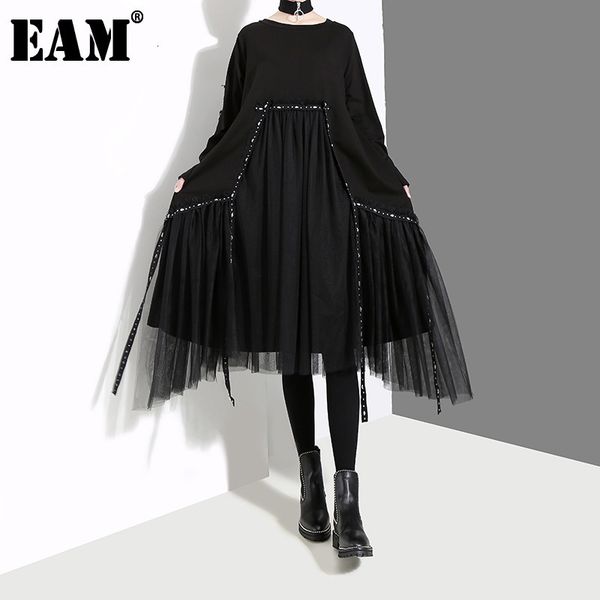 

[eam] women black mesh asymmetrical temperament dress round neck long sleeve loose fit fashion spring autumn 1d757 21512, Black;gray