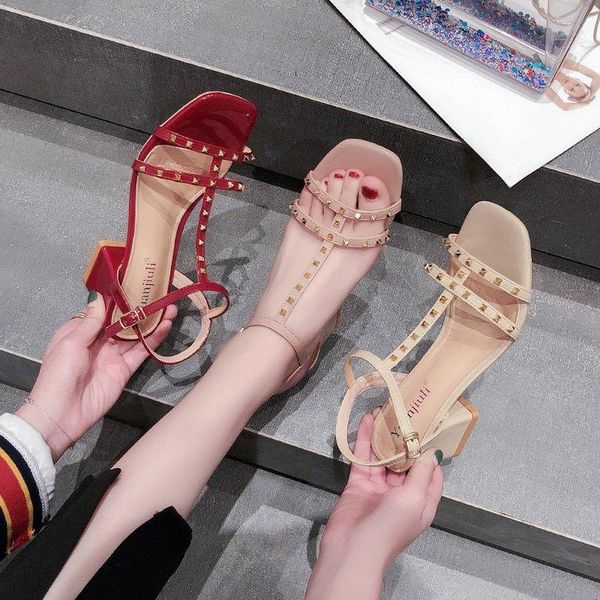 

european and american fashion roman sandals female rivets open toe hollow square head with high heels, Black