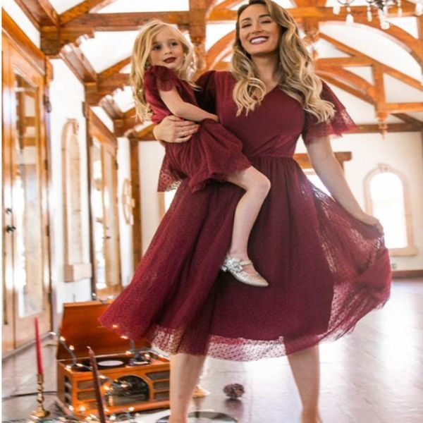 

family matching outfits dresses multi-layer mesh formal dress splicing short sleeve sundress mother and daughter same skirt1, Blue