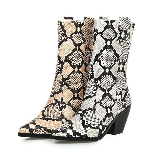 

boots snake pu leather women fashion square heel ankle pointed toe slip on autumn winter ladies short, Black