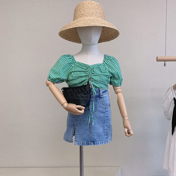 

girls clothes suit 2021 summer new european american fashion plaid shirt + denim skirt suit baby kids childrens clothing sets, White