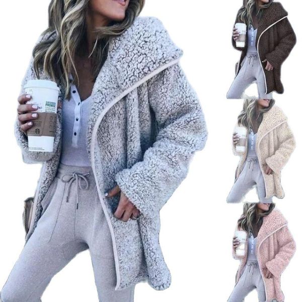 

women's fur & faux 2021 winter cotton clothing european and american long sleeve medium plush windbreaker lamb wool coat sweater, Black