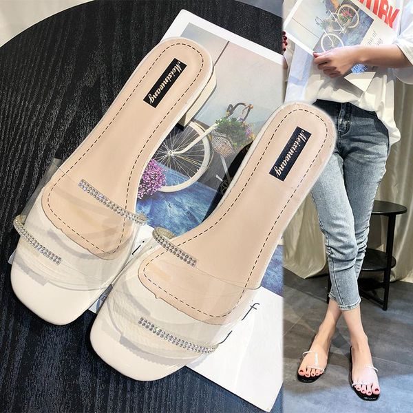 

slippers clear transparent crystal women shoes woman mules summer ladies thick mid heels casual plus size, Black