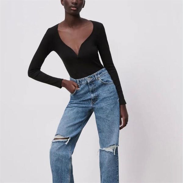

summer women's casual solid color v-neck long-sleeved slim fit jumpsuits 210430, Black;white