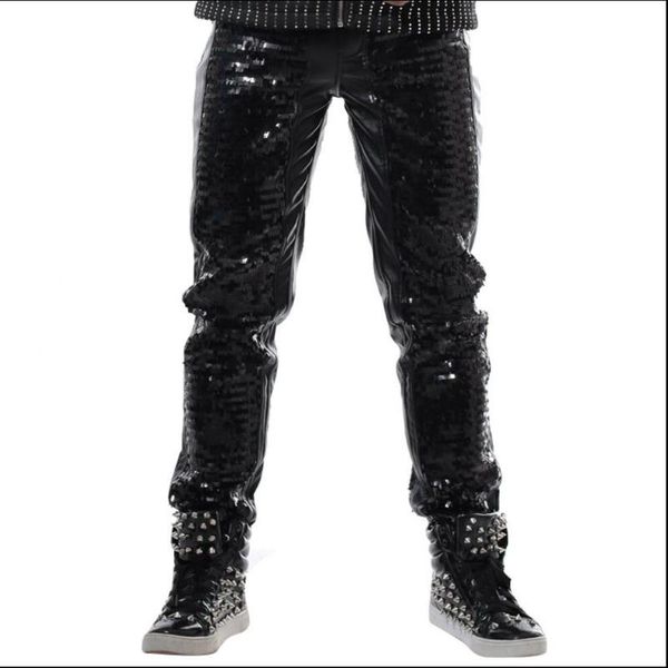 

men's pants 28-40 men black sequined casual leather rock slim punk trousers nightclub bar dj stage singer costumes performance clothes