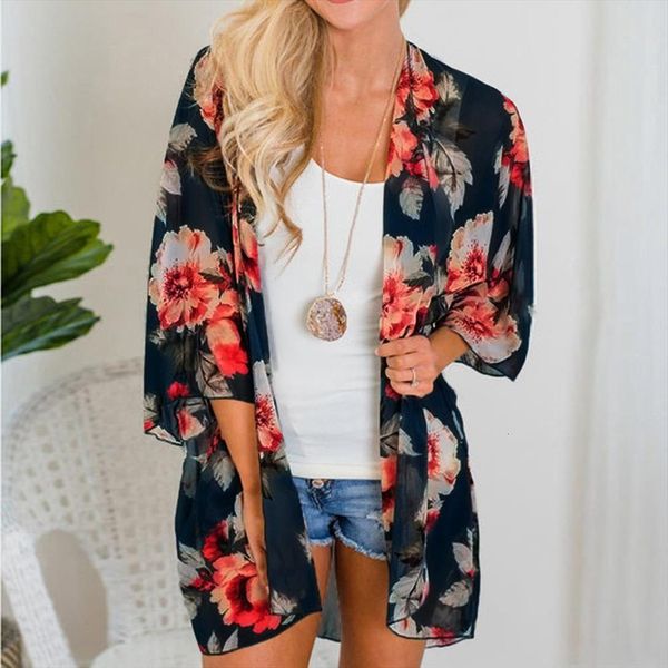 

summer kimono cardigan beach women blouses floral chiffon fashion sun protection bikini cover ups blusas mujer, White