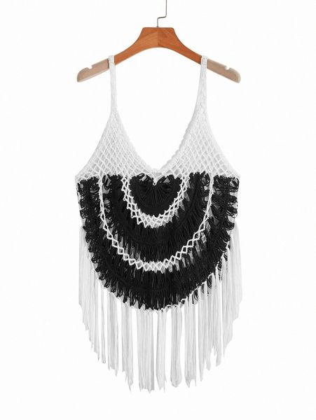 

asymmetrical fringe hem colorblock cover up c3yi#, White;black