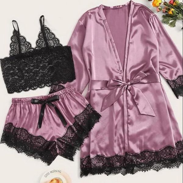 

women's swimwear 3pc pijama women pajamas sets lace bralette shorts bathrobe nightwear sleepwear suits satin for mujer, White;black