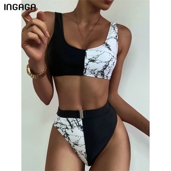 

ingaga high waisted bikinis women's swimsuit swimwear cut bikini set printed patchwork biquini belted beachwear 210621, White;black