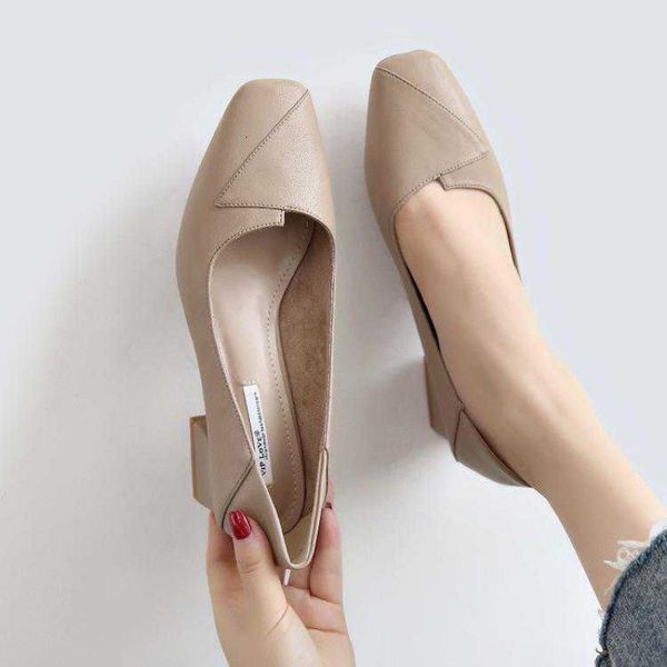 

2021 true soft leather single sho women's thick heel shallow mouth high korean mother's middle versatile small