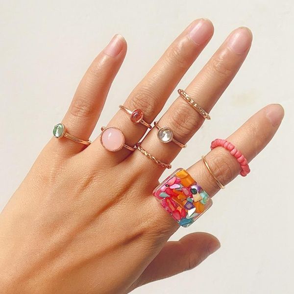 

wedding rings vintage korean big rainbow bead alloy resin ring set fashionable unique design crystals finger jewelry for women girl party gi, Slivery;golden