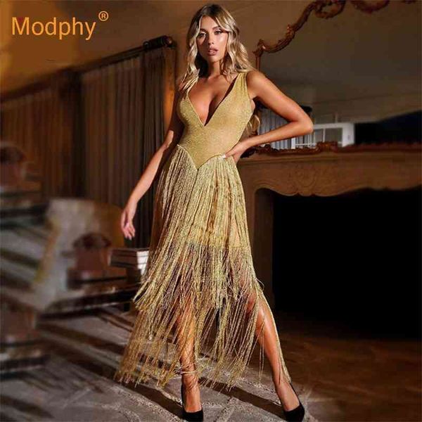 Verão Golden Bandage Dress Sexy V-Neck Sem Mangas Tassel Tassel Celebridade Noite Party Runway Vestidos 210527