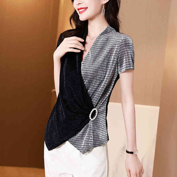 

korean chiffon women's shirt blouses for women short sleeve hit the color shirts female bright silk 210427, White