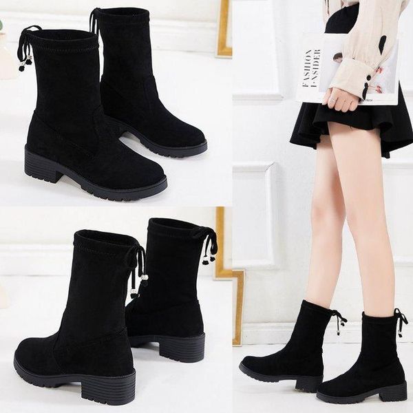 

boots bowknot big size women's autumn 2021 style water diamond knee show thin elastic, Black