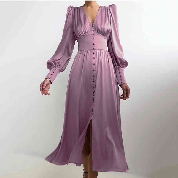 

casual dresses [ewq] party single breasted dress women high waist satin maxi elegant v neck lantern long sleeve slim vestidos lcsb, Black;gray