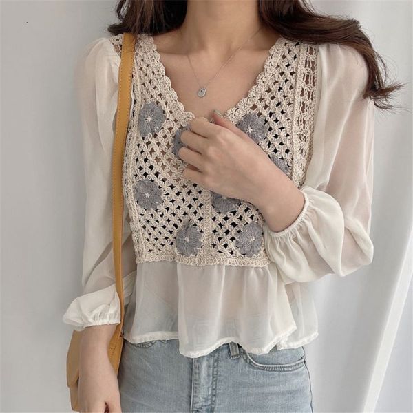 

two piece dress chic all match streetwear hook flowers light embroidery 2021 vintage retro sweet ol fashion girls blouses paso, White