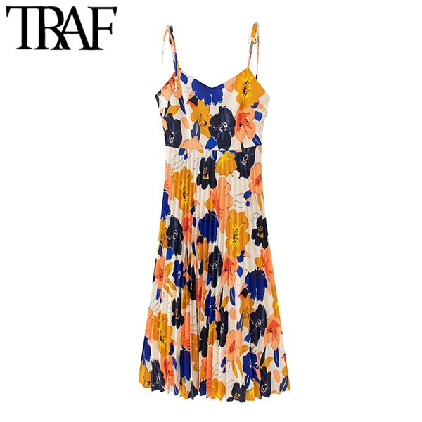 

traf women chic fashion floral print pleated midi dress vintage backless spaghetti strap female dresses vestidos mujer 210415, Black;gray