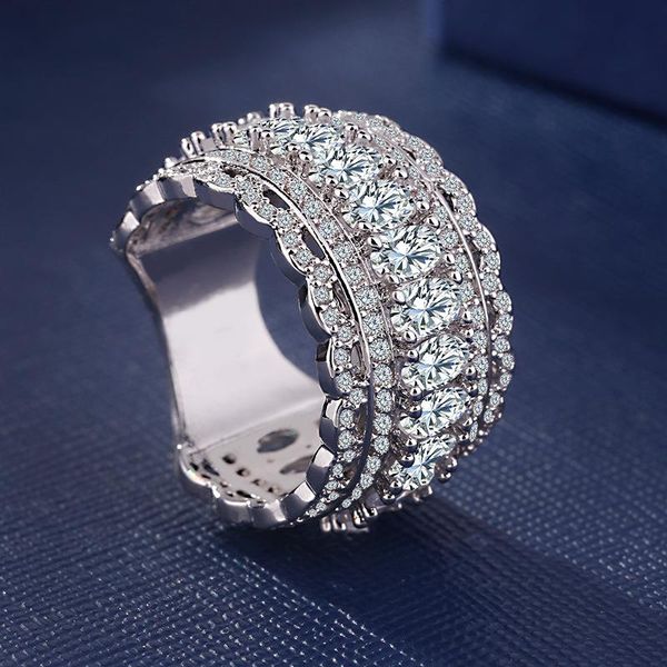

cluster rings 13mm width luxury full zircon wedding band classic trendy engagement ring for women fashion bridal party jewelry anillos, Golden;silver