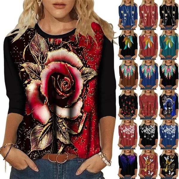 

women's t-shirt women fashion autumn long sleeve t shirt floral printed o neck loose tees lady rose casual pullover blouse, White
