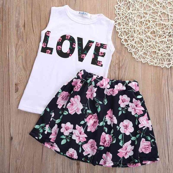 

2pcs baby girls fashion clothes set love sleeveless o neck cotton t shirt mini floral skirt summer outfits, White