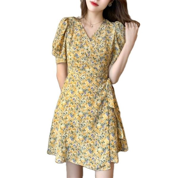 

fashion dress female print v-neck chiffon little daisy retro french floral summer 210520, Black;gray