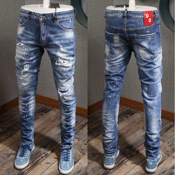 

cowboy trousers man paint distressed whisker-washed slim fit red patch zip fly jeans for men's kg-31, Blue