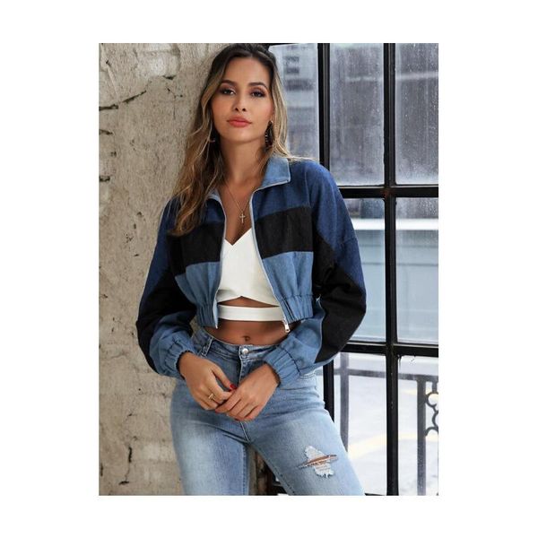 

women's jackets womens winter warm long sleeve full zipper lapel colorblock elastic hem ladies casual denim coat short jacket, Black;brown