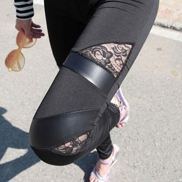 

spring autumn leather workout charming women leggings warm lace legins pu leggins skinny stretch splicing pants, Black