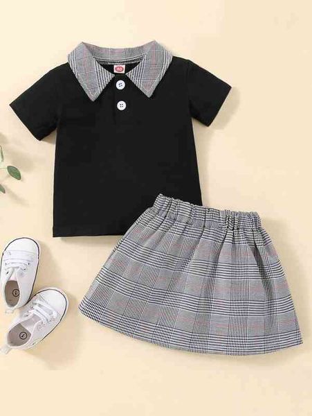 

baby contrast plaid collar polo tee & skirt she, White