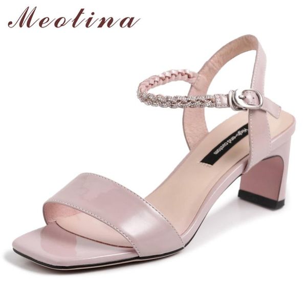

meotina summer sandals shoes women natural genuine leather crystal thick high heels patent buckle lady 39, Black