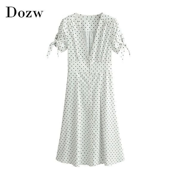 

women polka dot summer bohemian dresses deep v neck split beach dress bow tie short sleeve holiday party dress vestido 210414, Black;gray