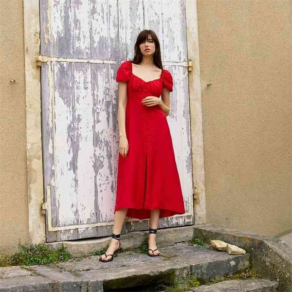 

women elegant fashion red buttons long dress vintage puff sleeves backless square collar dresses female chic outfits 210531, Black;gray