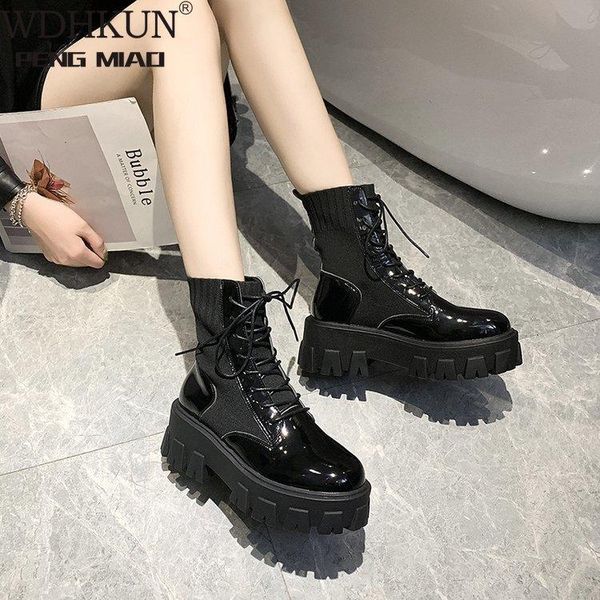

boots black patent leather for women lace up platform winter keep warm non-slip short booties ladies