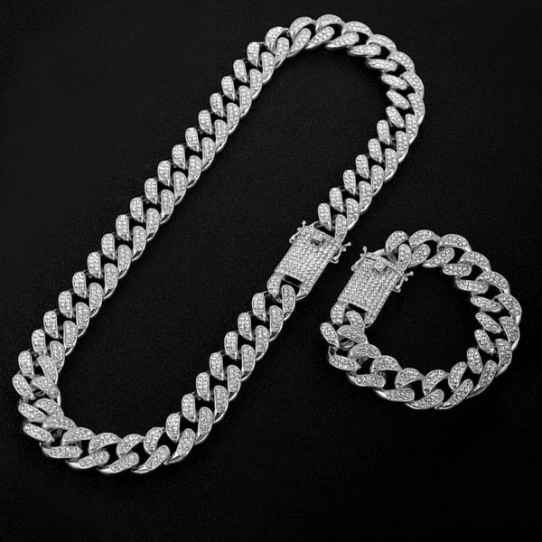 

pendant necklaces 18mm miami cuban link chain gold silver color necklace bracelet iced out crystal rhinestone bling hip hop men jewelry