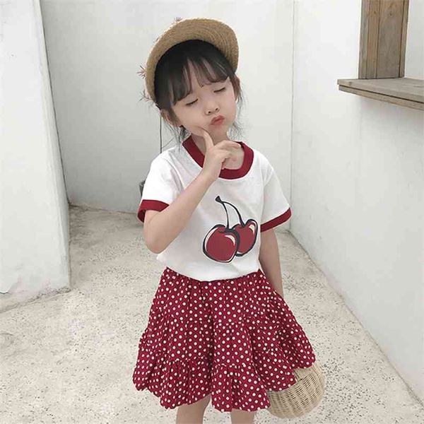 T-shirt a maniche corte con stampa cartoon per ragazze estive + gonna a pois rosso vino 2 pezzi set abbigliamento per bambini 210528