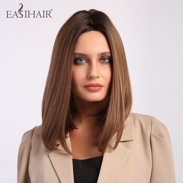 

women middle part synthetic wig hairline part lace wigs ombre brown wigs heat resistant natural bob wig cosplay, Black